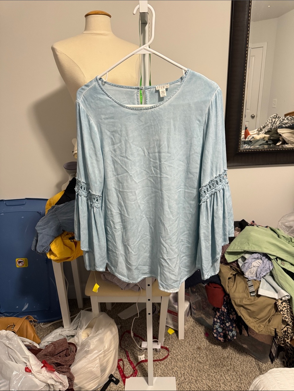 Spense Light Blue Crochet-Accent Bell Sleeve Tunic